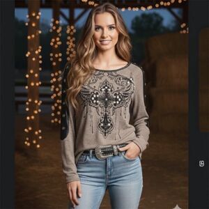 Vocal Y2K Western Cross Wings Rhinestone Studded Long Sleeve Top Size Medium